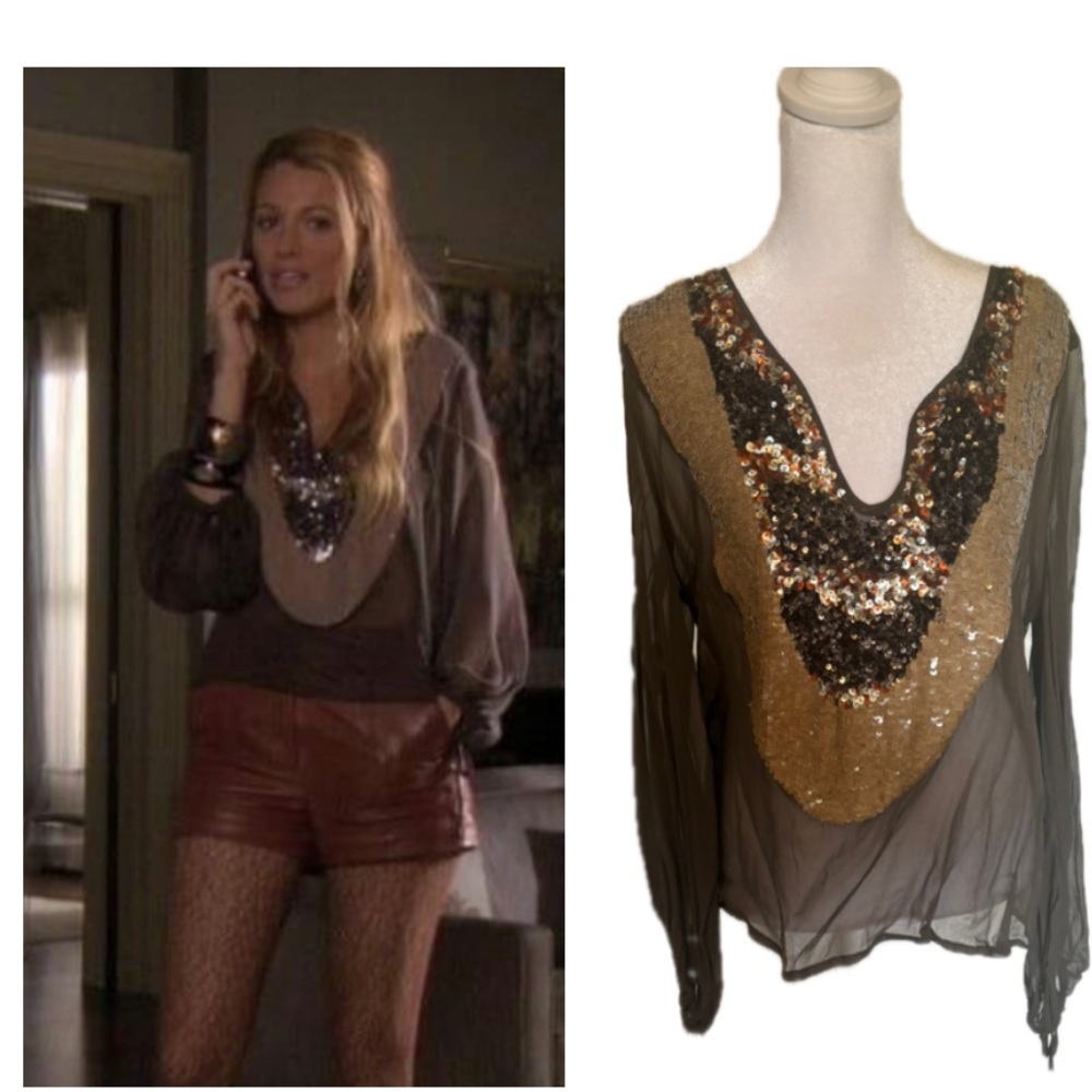 ASO Serena Van Der Woodsen Gossip Girl Leyendecker Sequin Sheer Blouse rare
